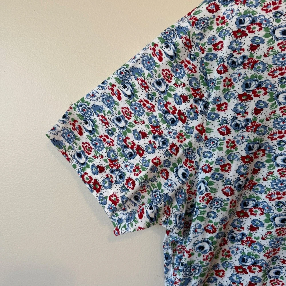 La Cera Women 1X Floral Cotton Knit Short Sleeve Shift Dress Red Blue Cotagecore